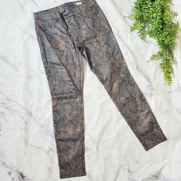 Level 99 Janice Ultra Skinny Metallic Python Snake Print Brown Mid-Rise Jeans 30